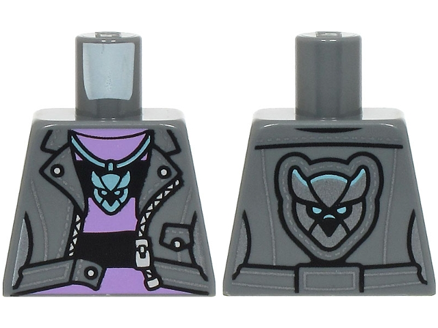 Lego Torso Female Jacket Open, Medium Lavender and Black Striped Shirt, Metallic Light Blue Pendant Necklace Pattern (BAM) / Dark Bluish Gray