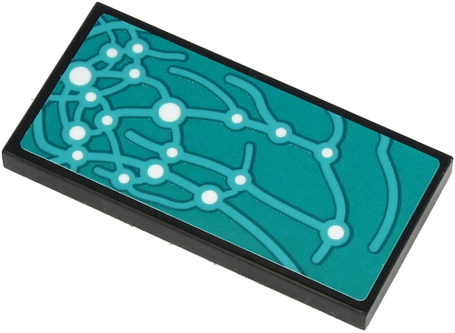 Lego Tile 2 x 4 with Dark Turquoise Curved Lines and White Dots Pattern (Sticker) - Set 71705 / Black