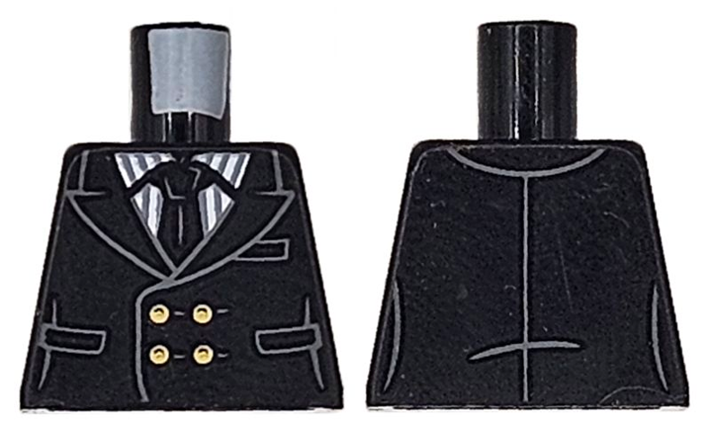 Lego Torso Tuxedo Jacket with Pockets over White and Dark Bluish Gray Pinstripe Shirt, Tie and Gold Buttons Pattern / Black