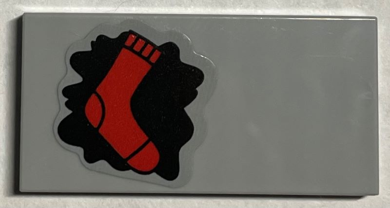 Lego Tile 2 x 4 with Red Sock and Black Oil Spill Pattern (Sticker) - Set 21330 / Light Bluish Gray