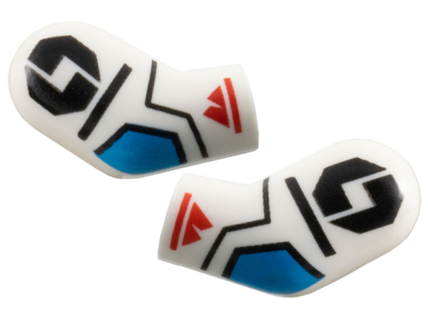 Lego Arm, (Matching Left and Right) Pair with Black Octagons, Dark Azure Elbows and Red Sport Mountain Logos Pattern / White