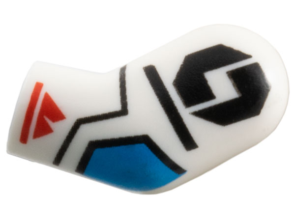 Lego Arm, Left with Black Octagon, Dark Azure Elbow and Red Sport Mountain Logo Pattern / White
