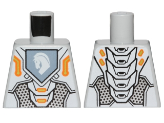 Lego Torso Nexo Knights Armor with Orange and Gold Circuitry and White Horse Head on Sand Blue Pentagonal Shield Pattern / Light Bluish Gray