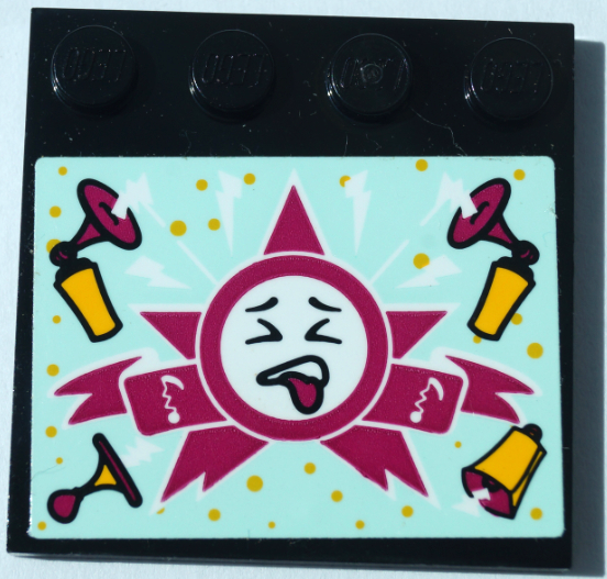 Lego Tile, Modified 4 x 4 with Studs on Edge with Grimacing Face, Magenta Star and Bright Light Orange Air Horns on Light Aqua Background Pattern (Sticker) - Set 41368 / Black