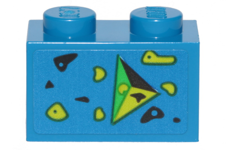 Lego Brick 1 x 2 with Black, Green, and Lime Splotches and Triangle Pointing Right Pattern (Sticker) - Set 70839 / Blue