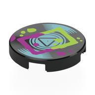 Lego Tile Round 2 x 2 with Vinyl Record, Metallic Light Blue Grooves, Center, Lime/Magenta Rectangle, Splotches Print