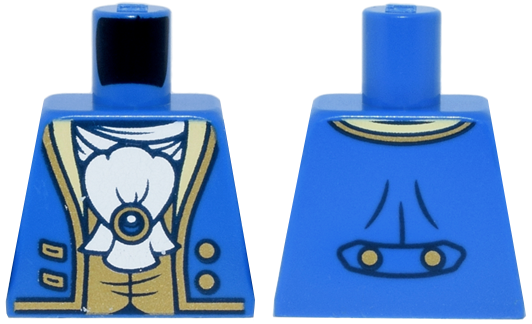 Lego Torso Tailcoat Open with Gold Trim, Buttons and Vest, White Ascot with Brooch Pattern / Blue
