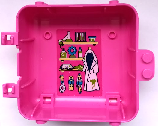 Lego Container, Box 3 x 8 x 6 2/3 Half Back with White Lab Coat, Cables, Shelves with Slime, Safety Goggles, Test Tubes and Erlenmeyer Flasks Pattern (Sticker) - Set 41402 / Dark Pink