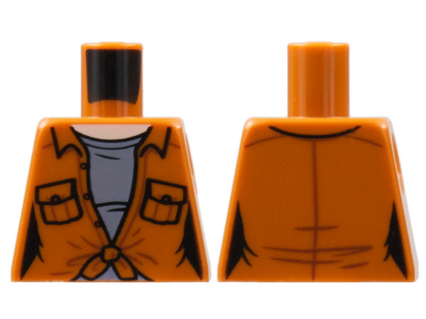 Lego Torso Female Shirt with Pockets, Tied at Bottom, Light Nougat Neck, Dark Bluish Gray Shirt Pattern / Dark Orange