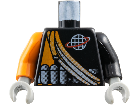 Lego Torso Alpha Team Logo, Orange Stripe, Shoulder Ropes Pattern / Black Arm Left / Orange Arm Right / Light Gray Hands