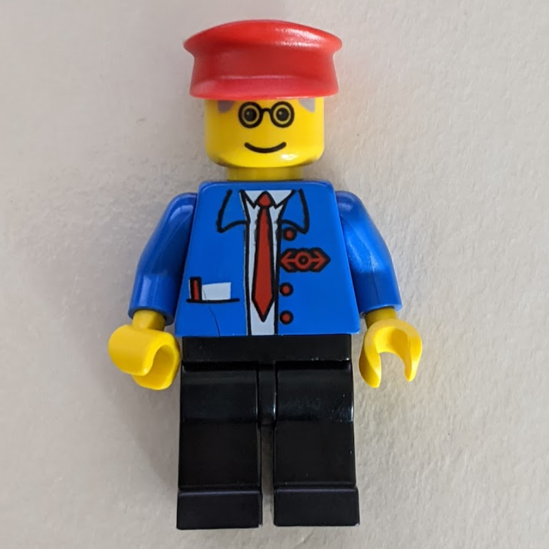 Lego Train Employee - Blue Torso, Black Legs, Red Hat