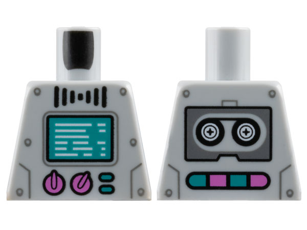 Lego Torso Robot with Dark Bluish Gray Rivets, Dark Turquoise Screen and Buttons, Dark Pink Dials, Black Tape Reels on Back Pattern / Light Bluish Gray