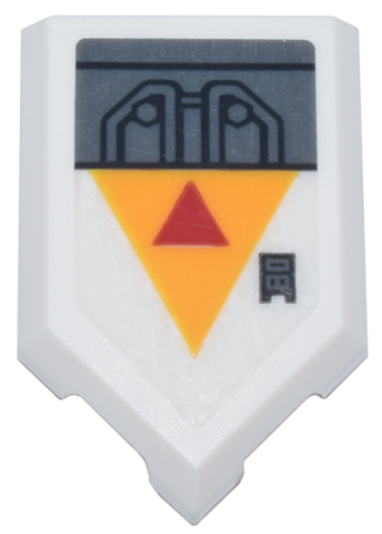 Lego Tile, Modified 2 x 3 Pentagonal with Dark Silver Mechanical Panel and Button and Red and Bright Light Orange Triangles Pattern (Sticker) - Set 75357