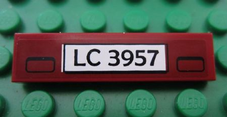 Lego Tile 1 x 4 with 'LC 3957' Pattern (Sticker) - Set 7325 / Dark Red