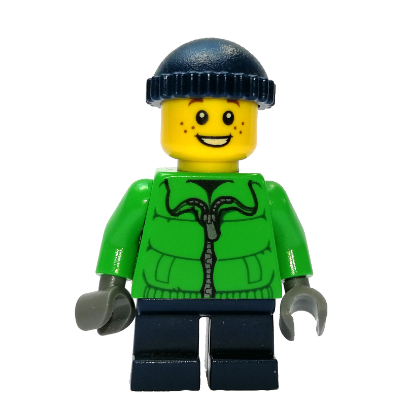 Lego Boy, Green Jacket, Short Dark Blue Legs, Dark Blue Hat