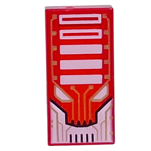 Lego Tile 1 x 2 with Gold Circuitry, White Bars, Eyes Print / Trans-Red