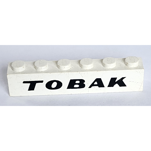 Lego Brick 1 x 6 with 'TOBAK' Italic Bold Print / White
