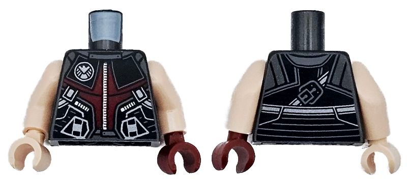 Lego Torso Armor Dark Red, Dark Bluish Gray and Black Panels with Silver Zipper, Shield Logo and Lines Pattern / Light Nougat Arms / Dark Red Hand Left / Light Nougat Hand Right