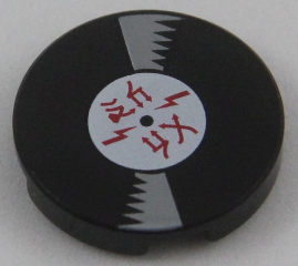 Lego Tile, Round 2 x 2 with Bottom Stud Holder with Vinyl Record with Red Ninjago Logogram 'AC DC' Pattern