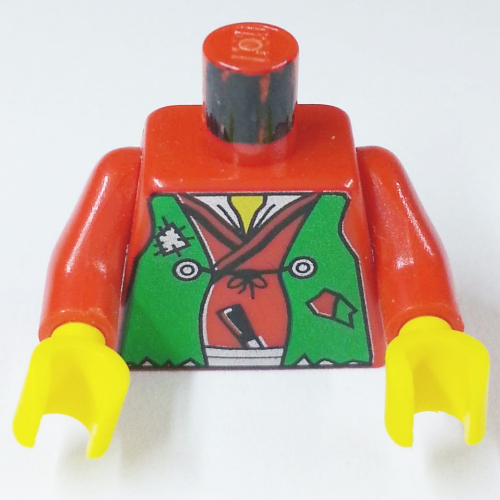 Lego Torso Vest Green Tattered / LEGO Logo on Back Print (Robber), Red Arms, Yellow Hands / Red