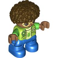 Lego Duplo Figure Child, Afro Dark Brown, Blue Legs, Green Bug on Shirt, Bright Light Yellow Glasses Print / Lime