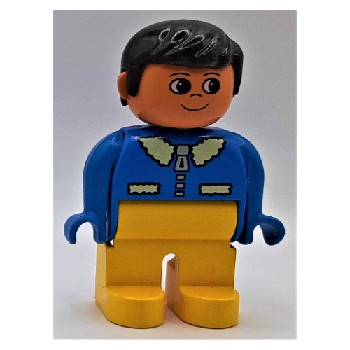 Lego Duplo Figure, Early, with Short Parted Hair Black, Yellow Legs, Jacket with Zipper and Fur Collar Print / Blue