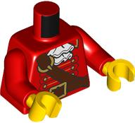 Lego Torso Pirate Captain, White Ruffled Collar, Reddish Brown Shoulder Belt, Gold Buckles, Buttons, and Key on Back Pattern / Red Arms / Yellow Hands