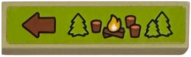 Lego Tile 1 x 4 with Campsite Sign with Arrow, Pine Trees, Campfire, and Tree Stumps Pattern (Sticker) - Set 41735 / Tan