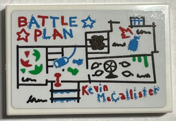 Lego Tile 2 x 3 with Red and Dark Azure 'BATTLE PLAN' and 'Kevin McCallister' with Crayon House Diagram Pattern (Sticker) - Set 21330
