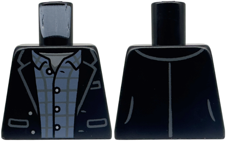 Lego Torso Open Suit Jacket with Pockets over Sand Blue and Dark Bluish Gray Plaid Shirt with White Buttons Pattern / Black