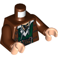 Lego Torso Jacket over Dark Green Vest and White Shirt Print, Reddish Brown Arms, Light Nougat Hands / Reddish Brown