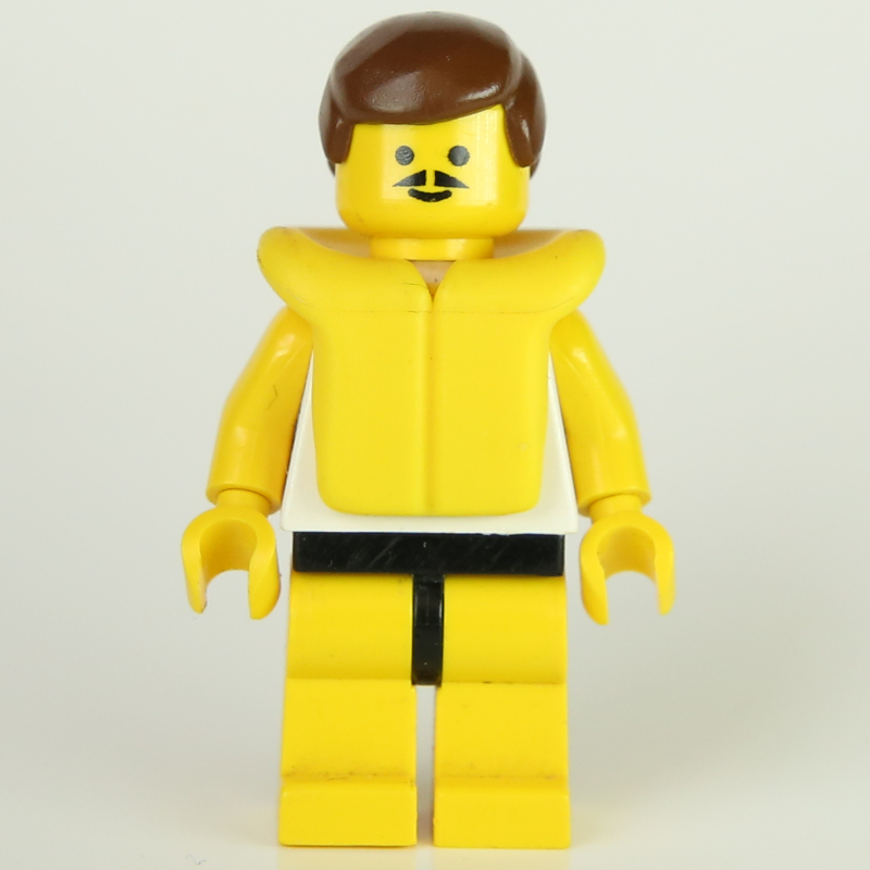 Lego Man, White Tank Top with Windsurfer, Yellow Legs, Brown Hair, Yellow Life Vest, Moustache
