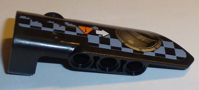 Lego Technic, Panel Fairing # 3 Small Smooth Long, Side A with Exhaust Port, White Arrow, Orange Caution Sign, Gray Checkered Pattern (Sticker) - Set 42002