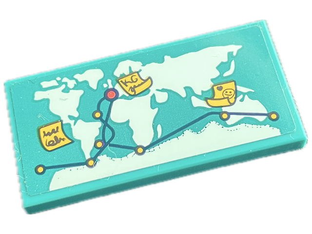Lego Tile 2 x 4 with Light Aqua World Map, Black String Lines, Yellow Pins and Notes Pattern (Sticker) - Set 41716 / Dark Turquoise