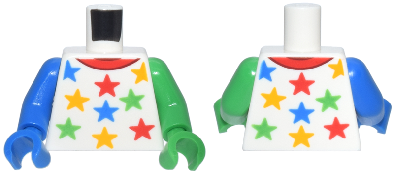 Lego Torso Red Neckline and Blue, Bright Green and Yellow Stars Pattern / Bright Green Arm Left / Blue Arm Right / Bright Green Hand Left / Blue Hand Right