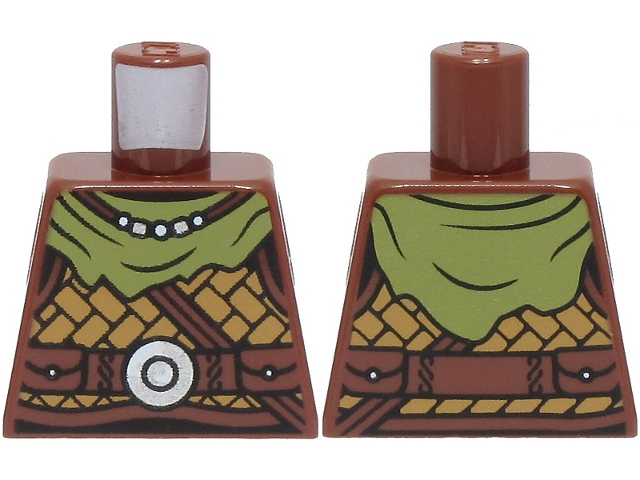 Lego Torso Viking Armor, Medium Nougat Leather, Olive Green Bandana, Necklace, Strap, Belt with Silver Disk Pattern / Reddish Brown