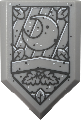 Lego Tile, Modified 2 x 3 Pentagonal with Sign with Moon and Leaves, Dark Bluish Gray and White Outline, Diagonal Lines and Dots Pattern