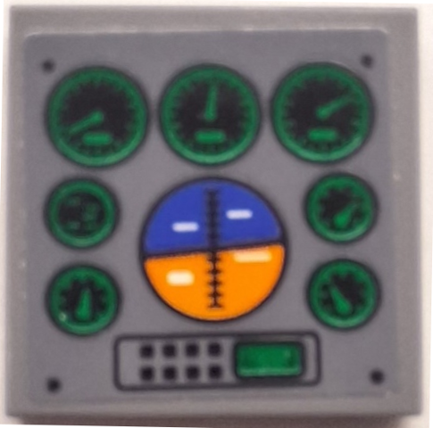 Lego Tile 2 x 2 with Instrument Control Panel with Orange and Blue Attitude Indicator and Green Gauges Pattern (Sticker) - Set 42052 / Dark Bluish Gray