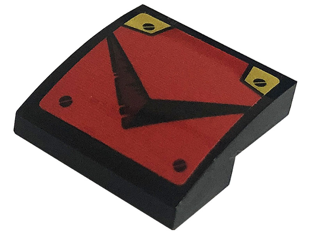 Lego Slope, Curved 2 x 2 x 2/3 with Black Screws and Chevron, Gold Plates on Red Background Pattern (Sticker) - Set 71720 / Black