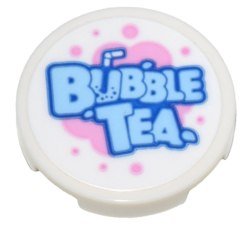 Lego Tile, Round 2 x 2 with Bottom Stud Holder with Bright Light Blue 'BUBBLE TEA' on Bright Pink Bubbles Pattern (Sticker) - Set 80036 / White