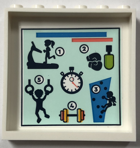 Lego Panel 1 x 6 x 5 with Stopwatch and Exercise Activities on Light Aqua Background Pattern (Sticker) - Set 41744 / White