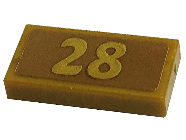 Lego Tile 1 x 2 with Number Gold 28 Pattern (Sticker) - Set 41449 / Pearl Gold