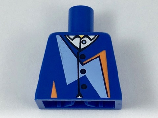 Lego Torso Jacket with Dark Blue Buttons, Bright Light Blue and Orange Geometric Shapes over White Shirt with Collar Pattern / Blue