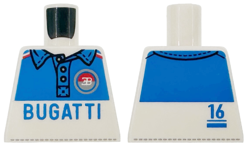 Lego Torso Shirt with Buttons, Blue Collar and Panels, Black and Dark Bluish Gray Stitching, Red and Silver Bugatti Logo and '16' Pattern / White
