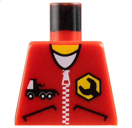Lego Torso Jacket with Pockets, Zipper, Truck, and Wrench Logo over White Shirt, Yellow Neck Pattern / Red