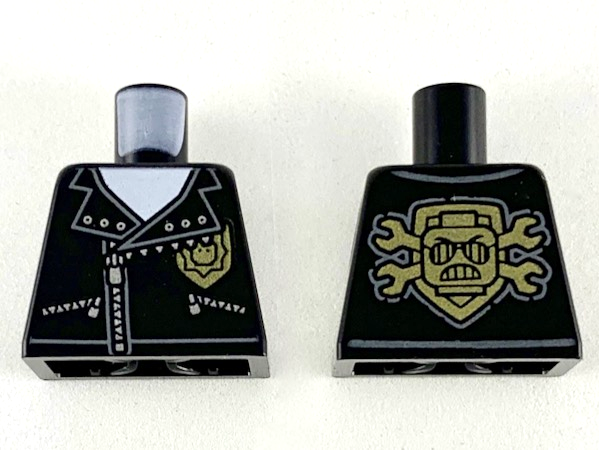 Lego Torso Police Silver Zippers and Rivets, Gold Badge Front, Gold Emblem with Minifigure Head and Wrenches Back Pattern / Black