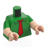 Lego Torso, Dual Molded Arms, Shirt, Red Tie Print, Bright Green Sleeves Pattern, Light Nougat Arms and Hands / Bright Green