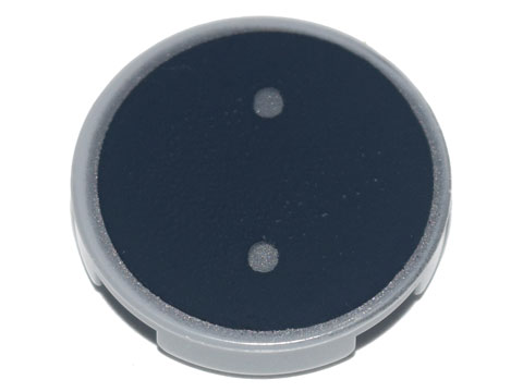 Lego Tile, Round 2 x 2 with Bottom Stud Holder with Metallic Silver ':' Colon Pattern