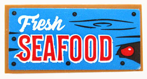 Lego Tile 2 x 4 with White 'Fresh' and Red 'SEAFOOD' with Black Nails and Lines on Medium Azure Background Pattern (Sticker) - Set 70422