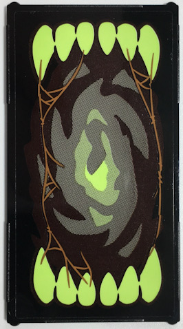 Lego Glass for Window 1 x 4 x 6 with Open Mouth with Yellowish Green Sharp Teeth, Medium Nougat Cobwebs Pattern Model Left Side (Sticker) - Set 70425 / Black